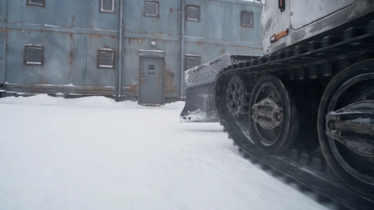 A tracked expedition vehicle moving through deep snow