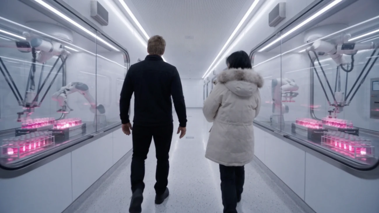 Two researchers enter an illuminated laboratory corridor